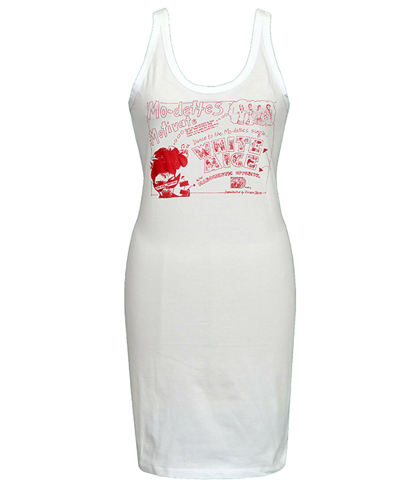White sleeveless tank dress featuring red Mo-Dettes White Mice single artwork printed on the front.