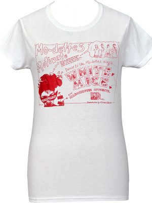 Mo-Dettes White Mice Women’s T-Shirt featuring red artwork from the 1980 single. Fitted punk band tee printed in the UK by Poison Clothing.