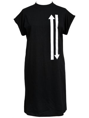 Women’s black mod t-shirt dress with bold vertical white arrow graphic printed on the front.