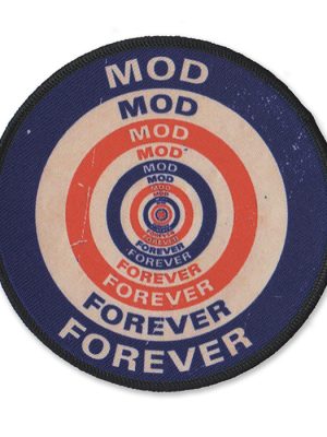 Circular Mod Forever sew-on patch featuring repeated red, white and blue targets, distressed lettering and a black overlocked border.