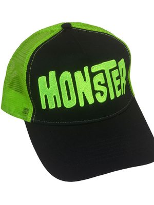 Black trucker cap with neon green “MONSTER” embroidered lettering and green mesh back panel.