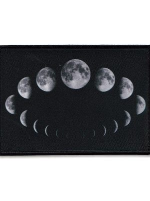 Black gothic sew-on patch showing the phases of the moon in a circular grey and white lunar cycle design.