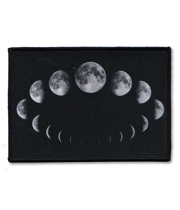 Black gothic sew-on patch showing the phases of the moon in a circular grey and white lunar cycle design.