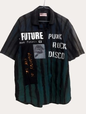 Men’s one-off Seditionaries reproduction shirt in navy and green stripes with No Future and Punk Rock Disco graphics