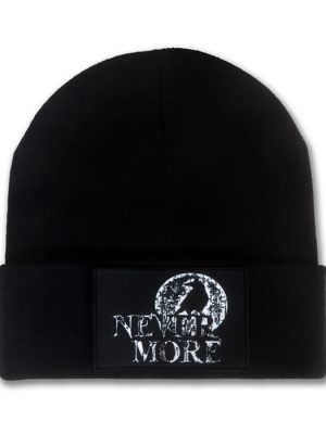Black knitted beanie hat with folded cuff featuring a rectangular black patch with a white raven silhouette against a distressed moon and Nevermore lettering.