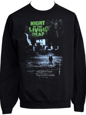 Black Night of the Living Dead horror sweatshirt featuring Japanese release poster artwork with green title lettering and dark zombie imagery.