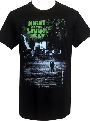 Black Night of the Living Dead men’s T-shirt featuring the Japanese release poster artwork with green title lettering, dark zombie scene and Japanese text.