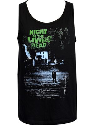 Black men’s Night of the Living Dead horror tank top featuring Japanese release poster artwork with green title lettering and dark zombie imagery.