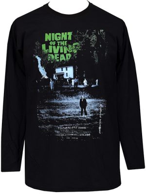 Black men’s Night of the Living Dead long sleeve T-shirt featuring Japanese release poster artwork with green title lettering and dark zombie imagery.