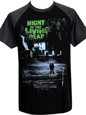 Men’s black Night of the Living Dead raglan T-shirt with dark grey sleeves, Japanese release poster artwork and green title lettering.