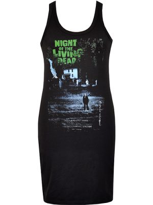 Black women’s Night of the Living Dead horror dress featuring Japanese release poster artwork with green title lettering and dark zombie imagery.