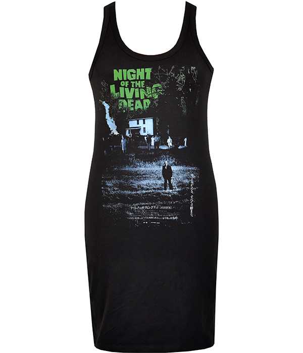 Black women’s Night of the Living Dead horror dress featuring Japanese release poster artwork with green title lettering and dark zombie imagery.