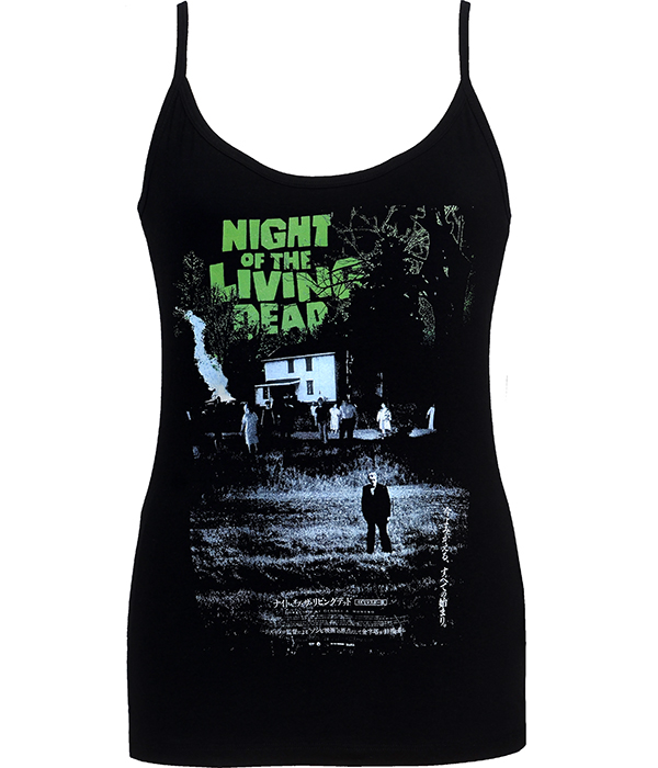 Black women’s Night of the Living Dead spaghetti strap top featuring Japanese release poster artwork with green title lettering and dark zombie imagery.