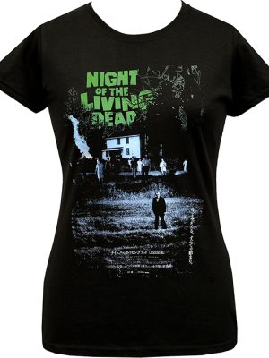Black women’s Night of the Living Dead T-shirt featuring Japanese release poster artwork with green title lettering and dark zombie scene.