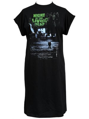 Black women’s Night of the Living Dead T-shirt dress featuring Japanese release poster artwork with green title lettering and dark zombie imagery.
