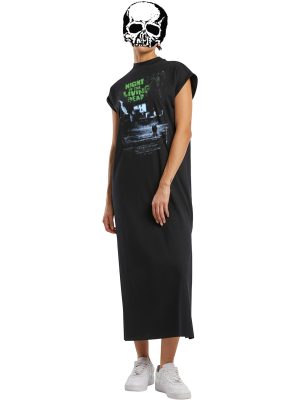 Black long Night of the Living Dead T-shirt dress featuring Japanese release poster artwork with green title lettering and dark zombie scene.