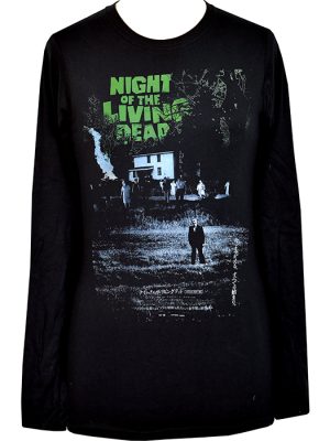 Black women’s long sleeve Night of the Living Dead T-shirt featuring Japanese release poster artwork with green title lettering and dark zombie scene.