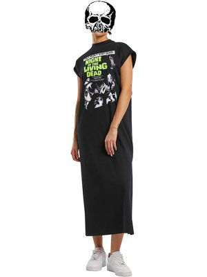 Black women’s long Night of the Living Dead maxi dress with green title lettering and monochrome zombie horror movie artwork on the front.