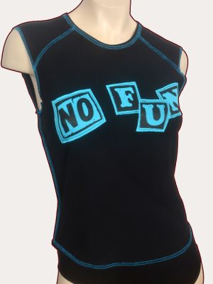 Black sleeveless No Fun babydoll punk top with bright blue appliqué lettering, blue overlocked stitching, and Poison Clothing label detail.