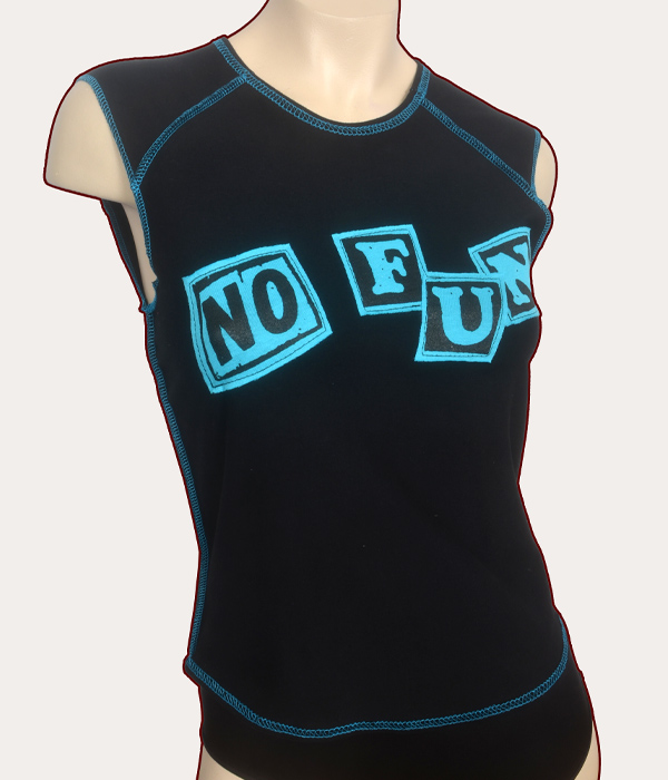 Black sleeveless No Fun babydoll punk top with bright blue appliqué lettering, blue overlocked stitching, and Poison Clothing label detail.