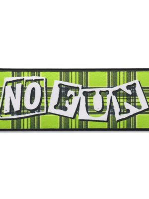 Lime green tartan rectangular sew-on patch with white No Fun lettering, black detail and black stitched border.