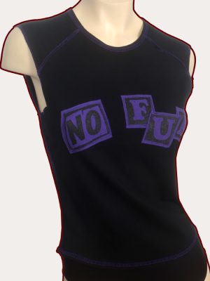 Black woman’s sleeveless babydoll tank top with purple overlocked stitching and purple No Fun stencilled appliqué lettering across the front.