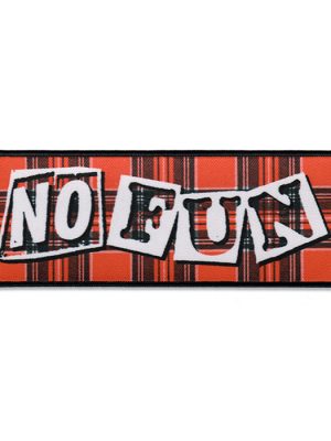 Red tartan rectangular sew-on patch with white No Fun lettering, black detail and black stitched border.
