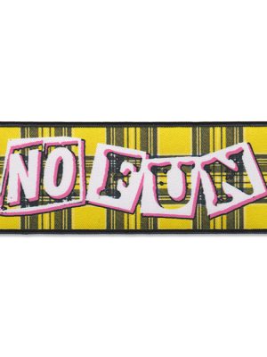 Yellow tartan rectangular sew-on punk patch with white cut-out style letters spelling No Fun, pink shadow detail and black stitched border.