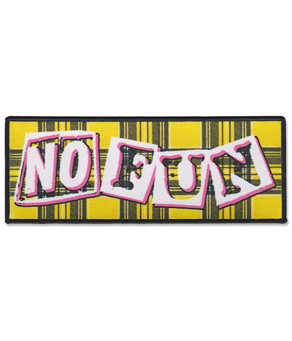 Yellow tartan rectangular sew-on punk patch with white cut-out style letters spelling No Fun, pink shadow detail and black stitched border.