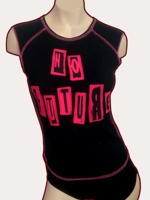Black woman’s sleeveless babydoll tank top with pink overlocked stitching and pink No Future stencilled appliqué lettering across the front.