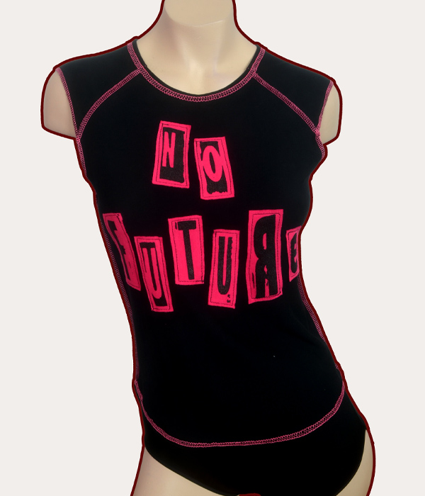 Black woman’s sleeveless babydoll tank top with pink overlocked stitching and pink No Future stencilled appliqué lettering across the front.