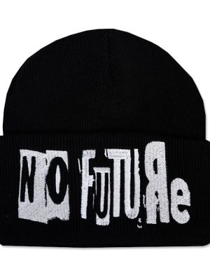 Black knitted punk beanie hat with wide folded cuff featuring bold white No Future lettering embroidered in a distressed ransom-note-style design.