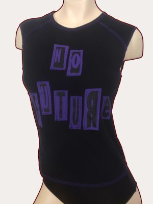 Black woman’s sleeveless babydoll tank top with purple overlocked stitching and purple No Future stencilled appliqué lettering across the front.