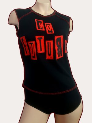 Black woman’s sleeveless babydoll tank top with red overlocked stitching and red No Future stencilled appliqué lettering across the front.