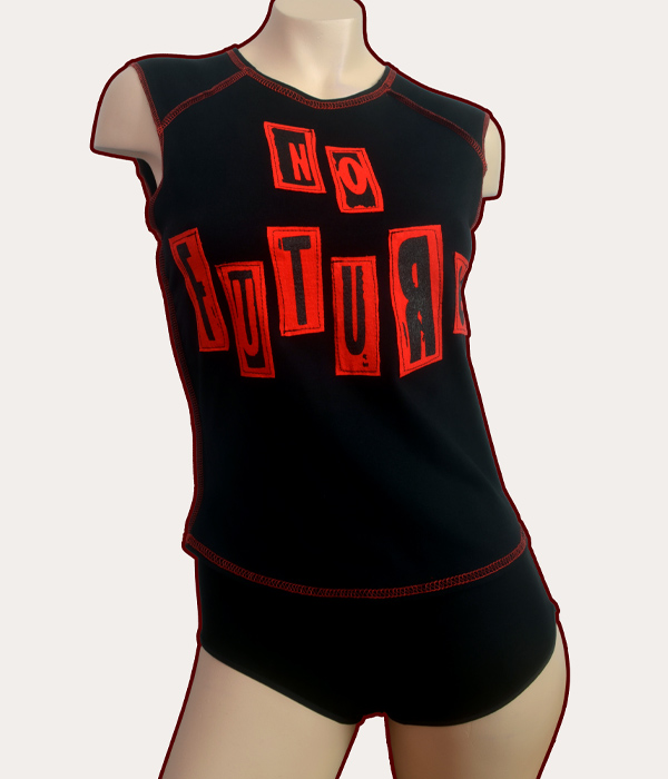 Black woman’s sleeveless babydoll tank top with red overlocked stitching and red No Future stencilled appliqué lettering across the front.