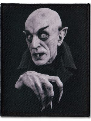 Black Nosferatu sew-on patch featuring Count Orlok’s eerie face and clawed hand, available in three sizes.