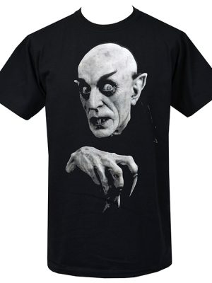Black t-shirt featuring a black-and-white graphic of Count Orlok from Nosferatu with fangs and clawed hand extended.