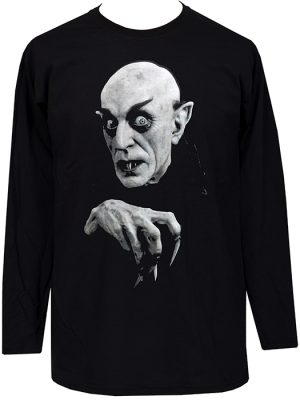 Black men’s long sleeve t-shirt with Nosferatu graphic showing Count Orlok’s eerie face and clawed hand in black and white.