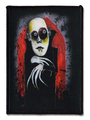Nosferatu gothic horror printed sew-on patch with Paul Raggity artwork, showing a pale vampire with dark eyes and long claws against a distressed red arch.