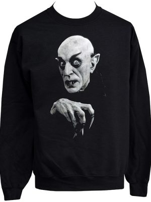 Black unisex sweatshirt with black-and-white Nosferatu graphic featuring Count Orlok’s eerie face and clawed hand.