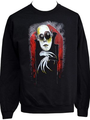 Black gothic sweatshirt featuring Nosferatu vampire artwork by Paul Raggity with pale face, hollow eyes, fangs, clawed hands and red gothic arch background.