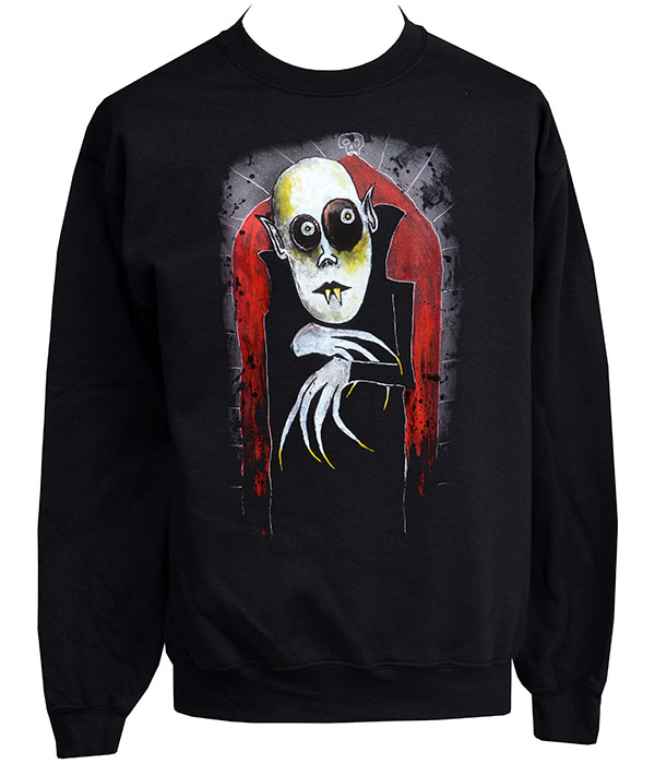 Black gothic sweatshirt featuring Nosferatu vampire artwork by Paul Raggity with pale face, hollow eyes, fangs, clawed hands and red gothic arch background.