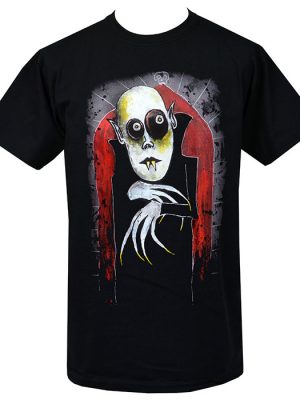 Black men’s gothic t-shirt featuring a Nosferatu vampire illustration by Paul Raggity with pale face, fangs, clawed hands and red gothic arch background.