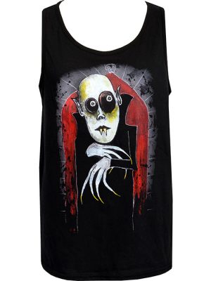 Black men’s gothic tank top featuring Nosferatu vampire artwork by Paul Raggity with pale face, hollow eyes, fangs, clawed hands and red gothic arch background.