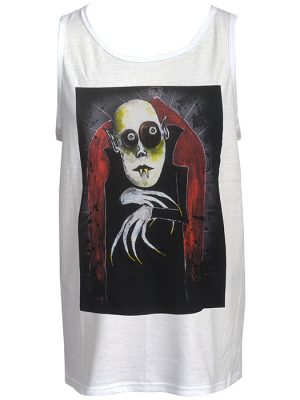 White men’s gothic tank top featuring Nosferatu vampire artwork by Paul Raggity with pale face, hollow eyes, fangs, clawed hands and red gothic arch design.