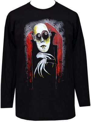 Black men’s gothic long sleeve t-shirt featuring Nosferatu vampire artwork by Paul Raggity with pale face, hollow eyes, fangs, clawed hands and red gothic arch background.