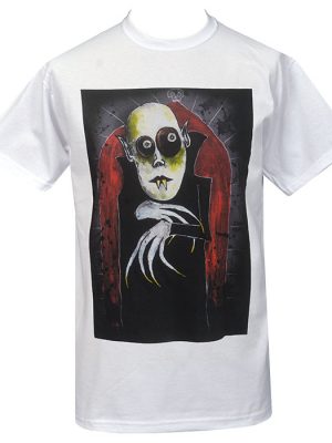 White men’s gothic t-shirt featuring Nosferatu vampire artwork by Paul Raggity with pale face, fangs, long clawed hands and red gothic arch design.