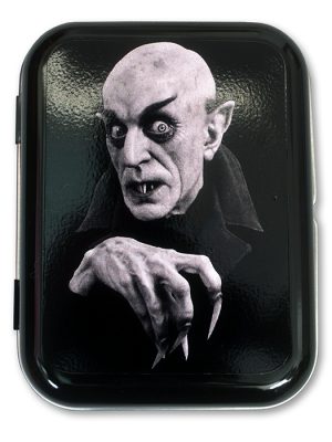 Black tin featuring Nosferatu vampire artwork in monochrome with gothic horror design.