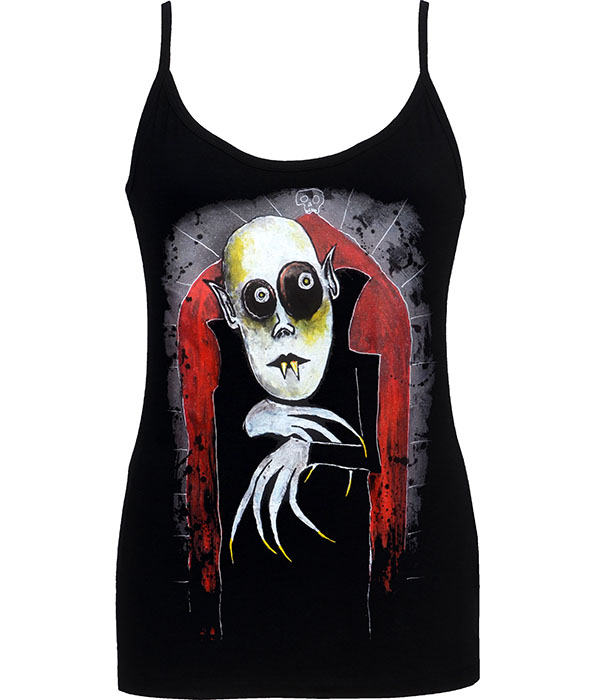 Black women’s gothic strappy top featuring Nosferatu vampire artwork by Paul Raggity with pale face, hollow eyes, fangs, clawed hands and red gothic arch background.