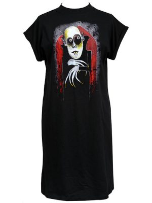 Black women’s gothic t-shirt dress featuring Nosferatu vampire artwork by Paul Raggity with pale face, fangs, clawed hands and red gothic arch background.